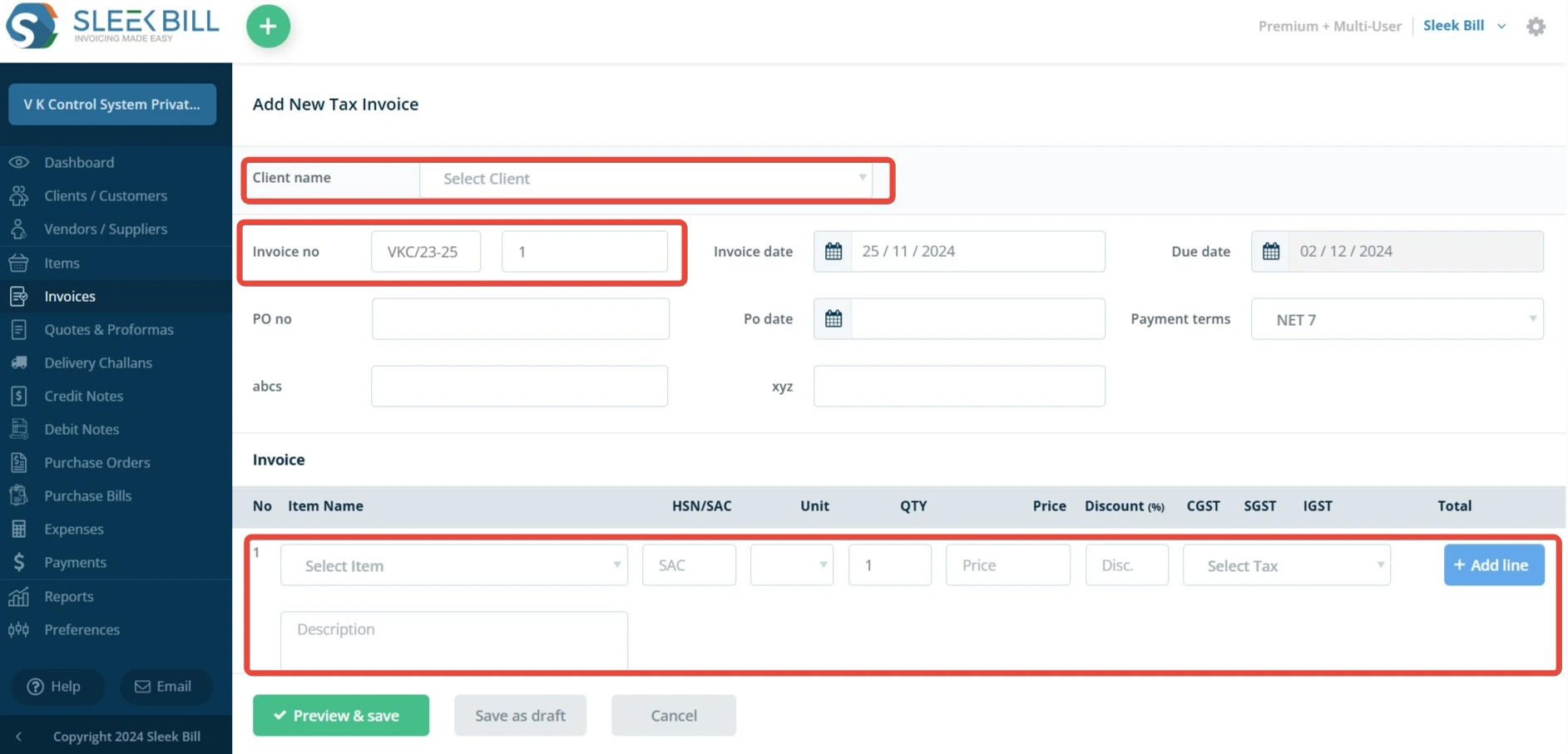 Fill in Invoice Details