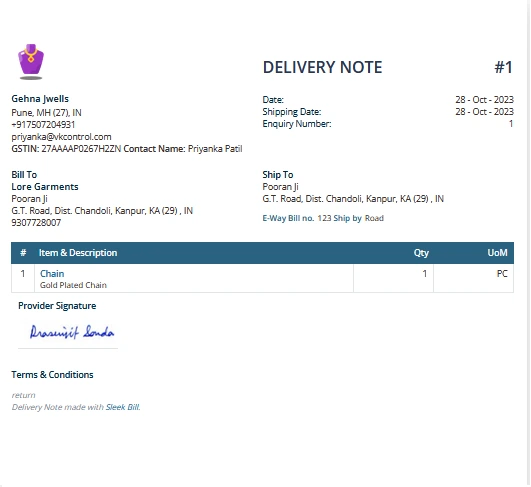 Delivery Note Format Sample