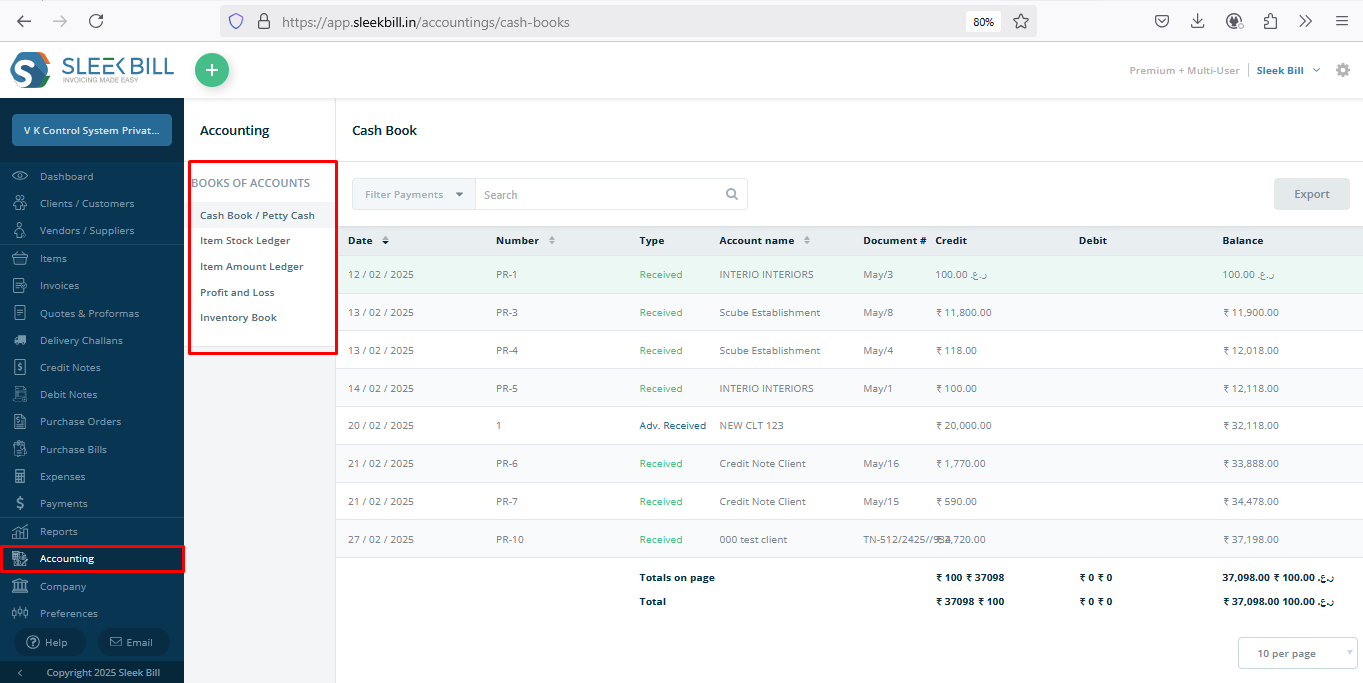 Sleek Bill Accounting window
