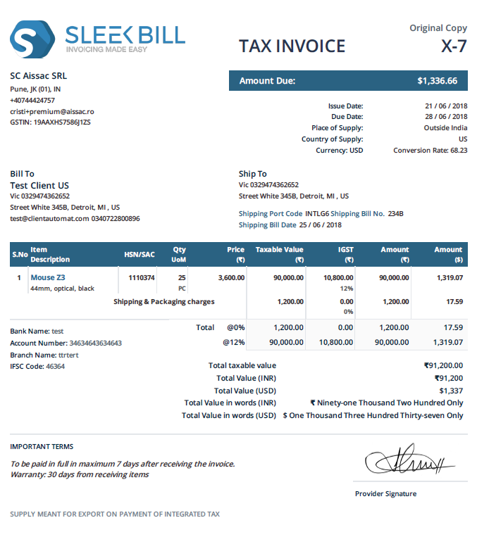 GST Export Invoice