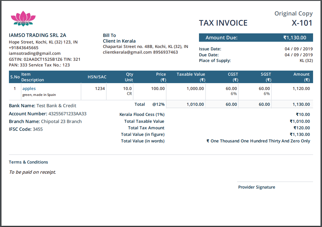 GST Invoice with Kerala Flood Cess