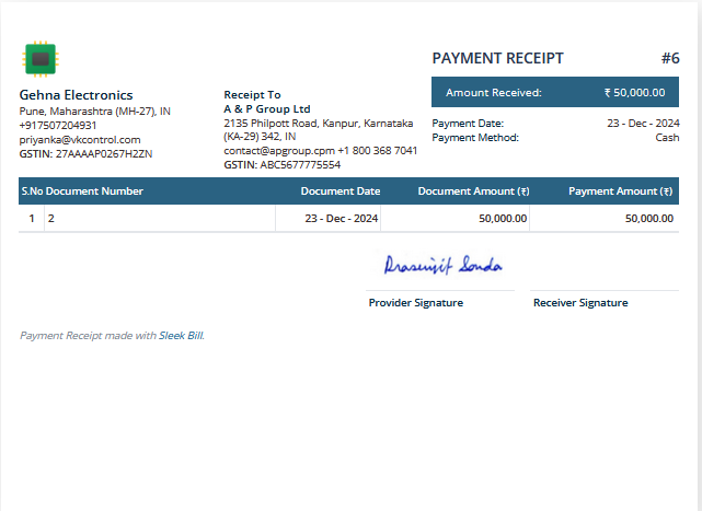 Payment receipt format